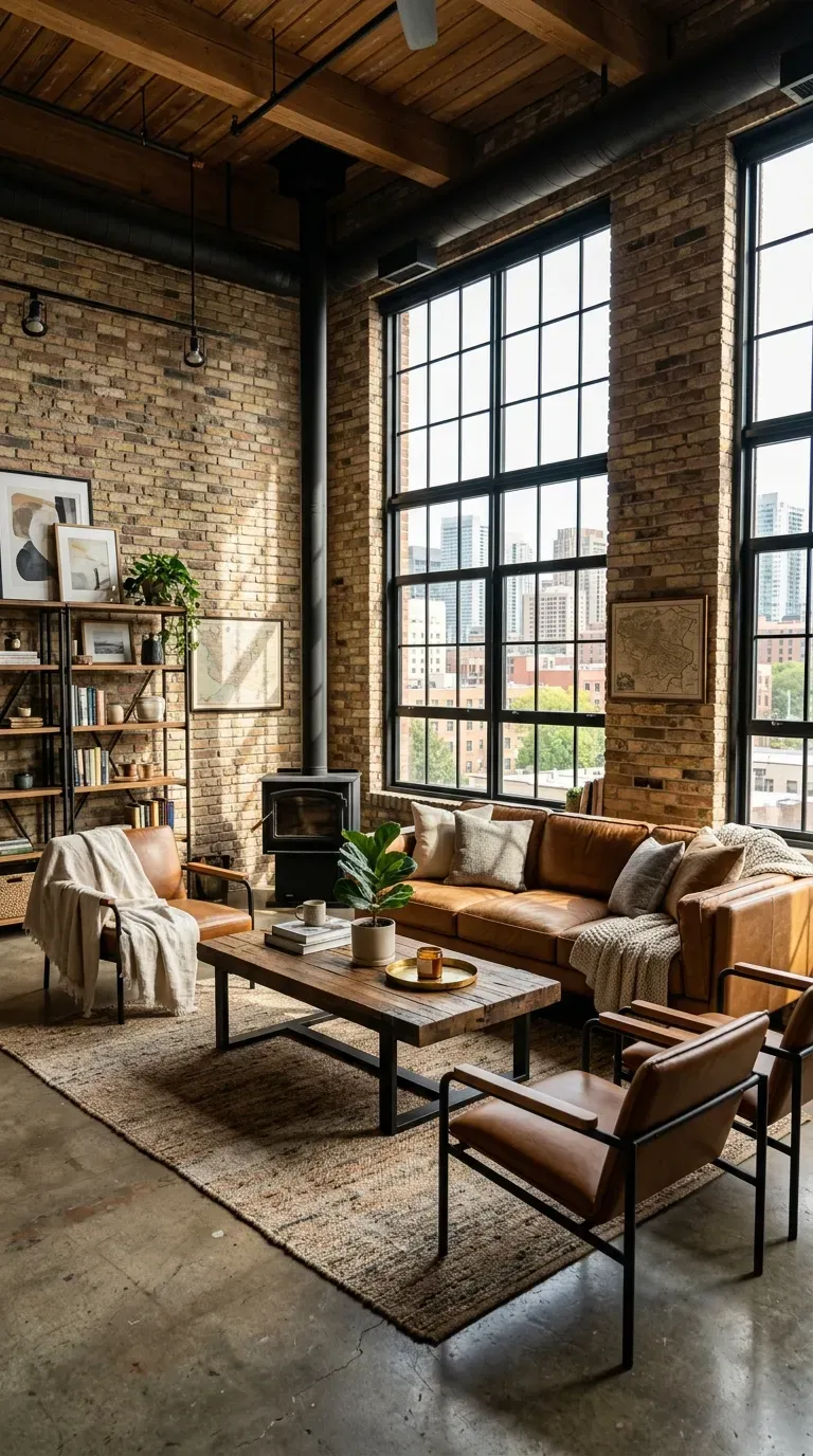 Industrial living room with exposed brick and warm neutrals