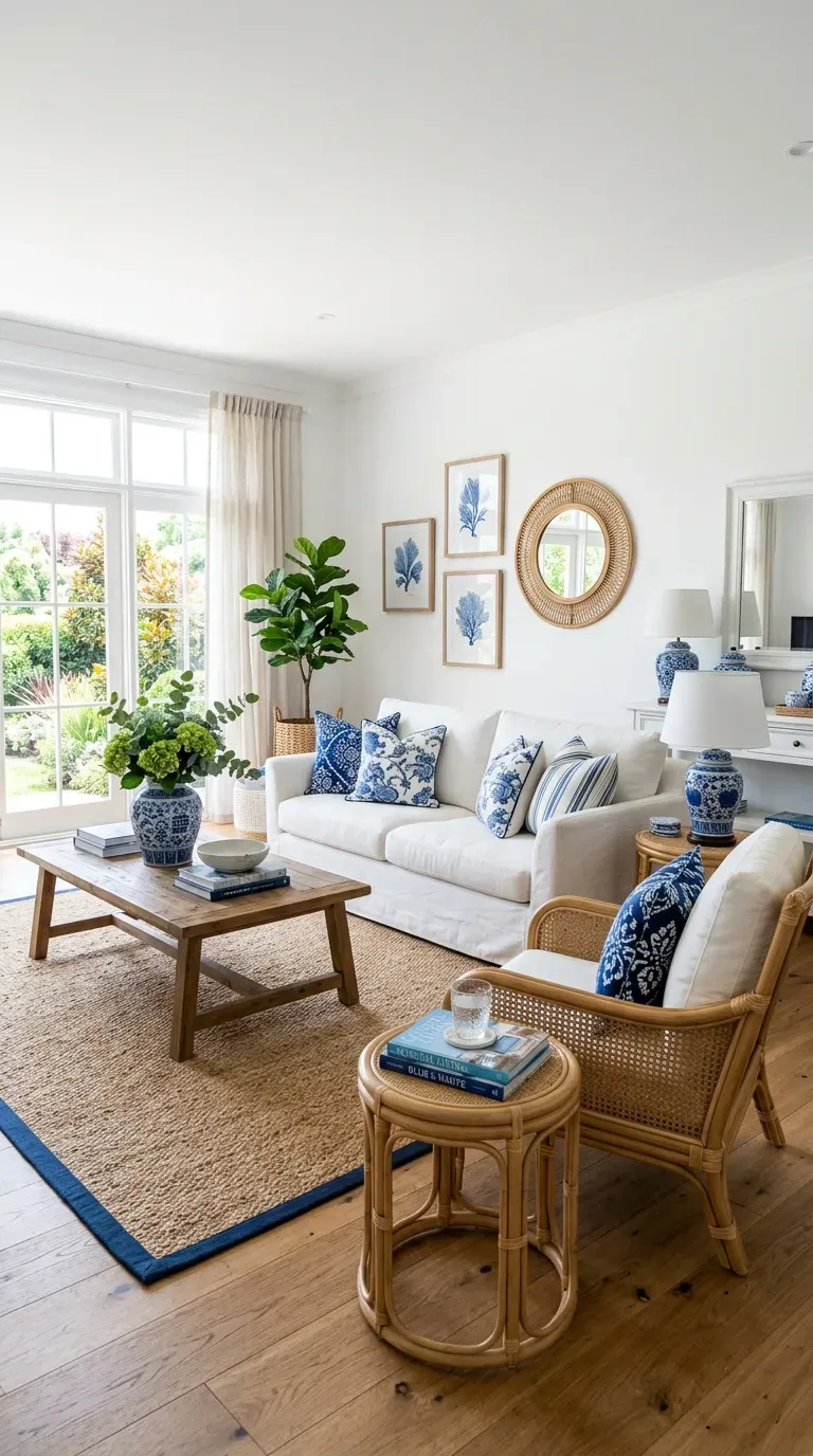 Bold living room with inky blue wall and patterned textiles