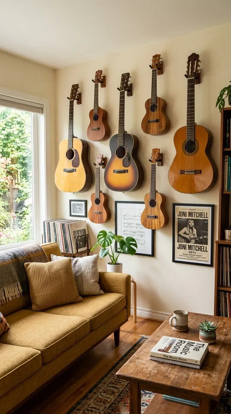 Living room wall displaying musical instruments as decor