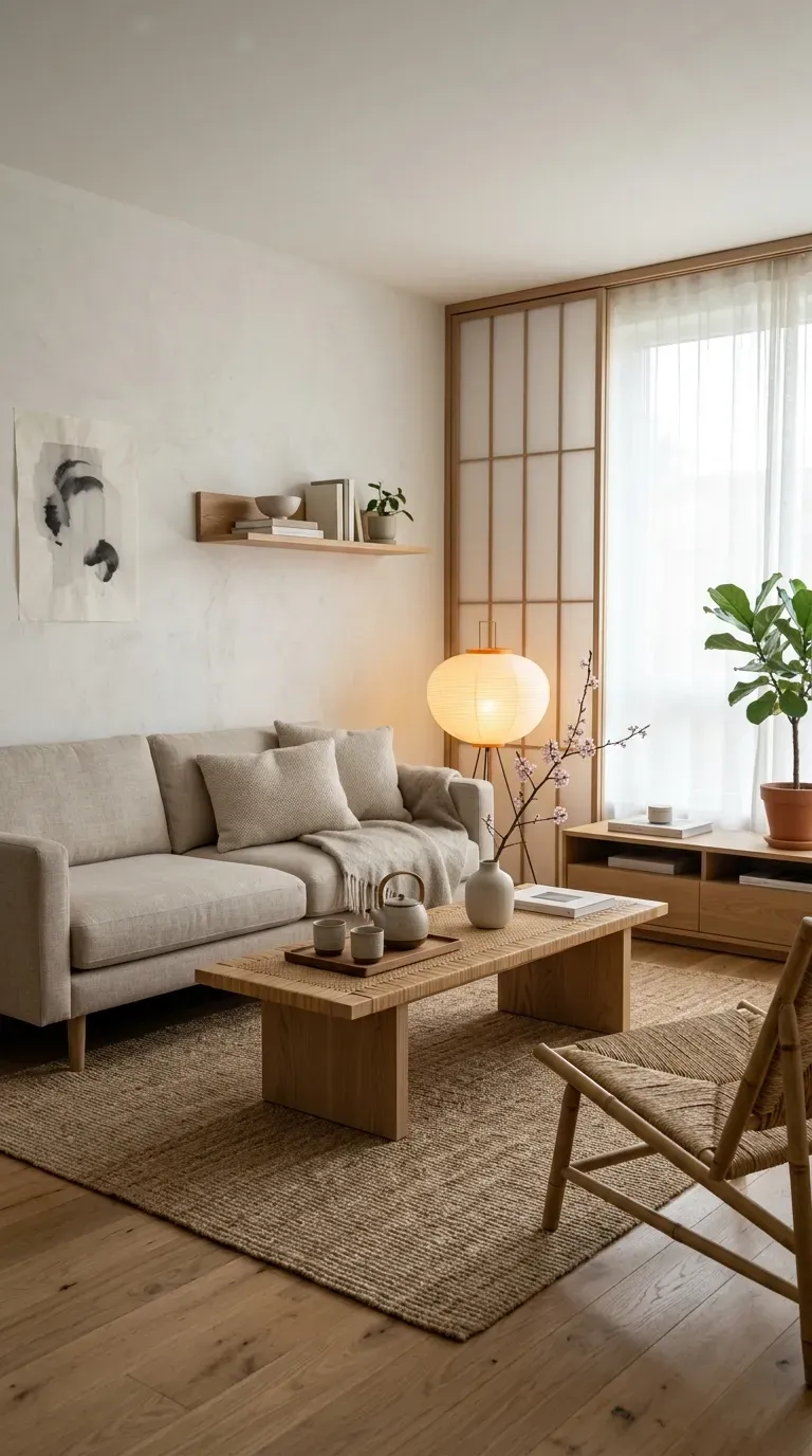 Japandi living room with low-profile furniture and natural materials