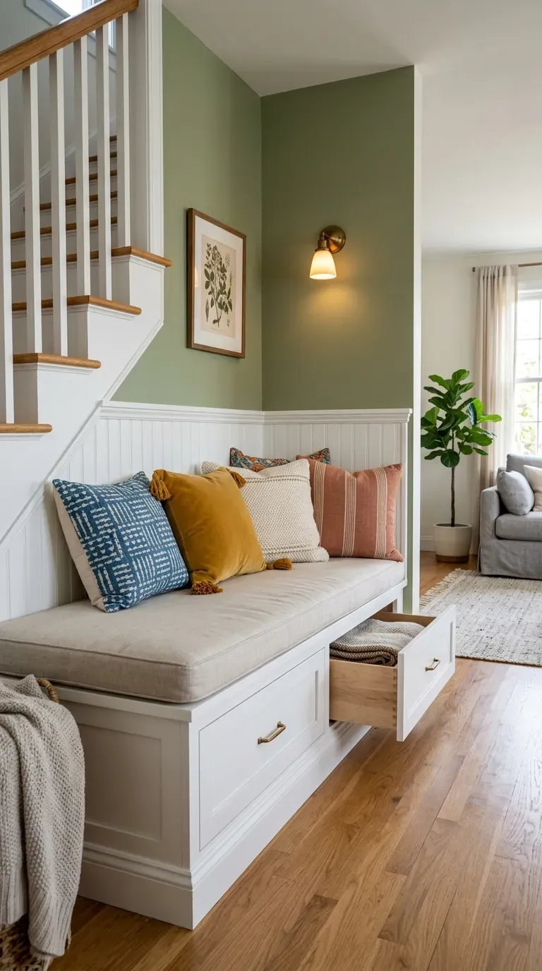 L-shaped sofa in living room with corner fireplace