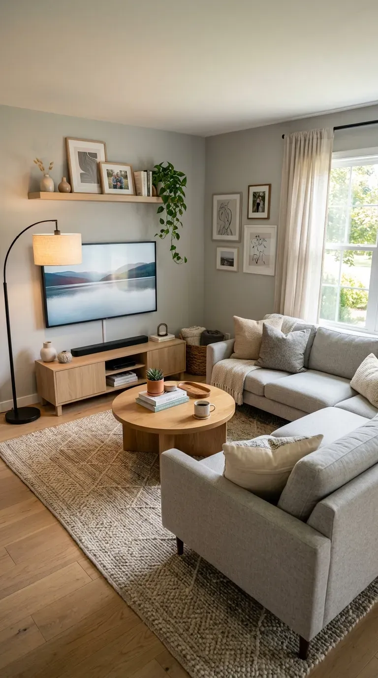 Small living room with L-shaped sofa positioned in corner maximizing seating