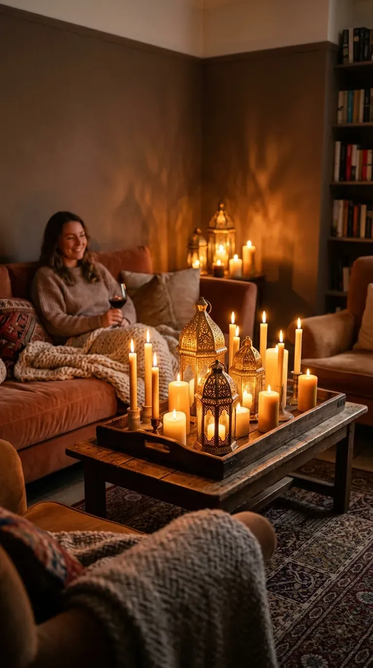 Warm living room with lanterns and candle holders creating ambiance