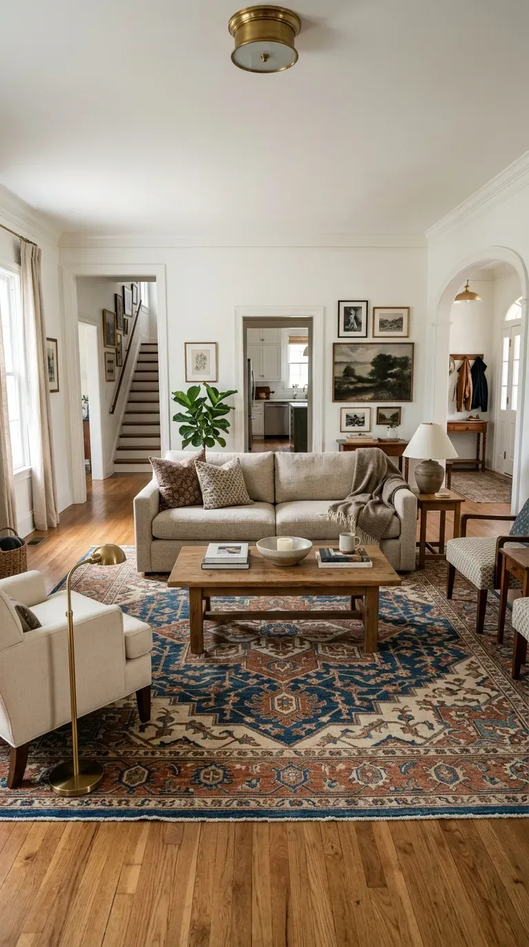 Living room with many doors anchored by large area rug