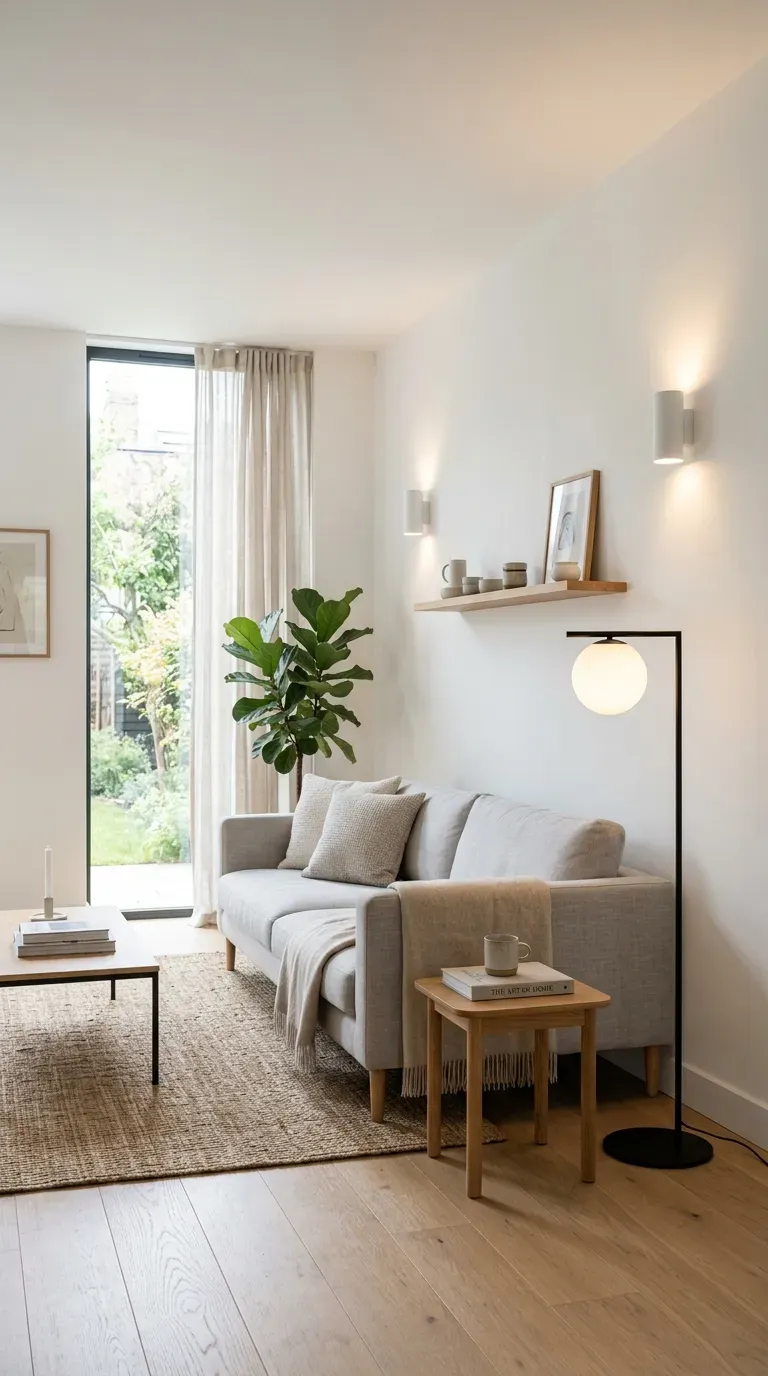 Minimalist living room with layered ambient, task, and accent lighting