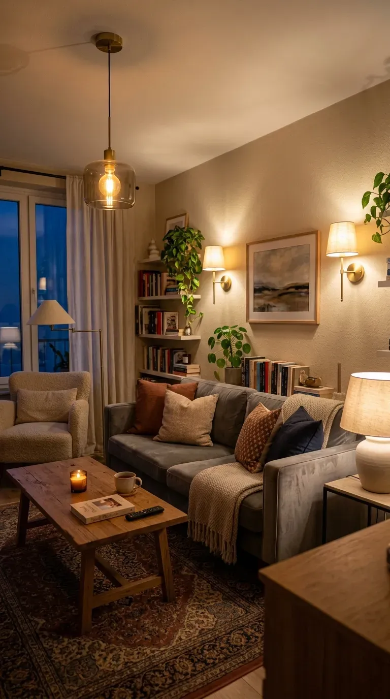 Small living room with layered lighting from sconces, lamp, and overhead light