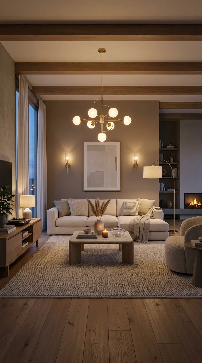 Living room with layered lighting including lamps, sconces, and overhead fixture