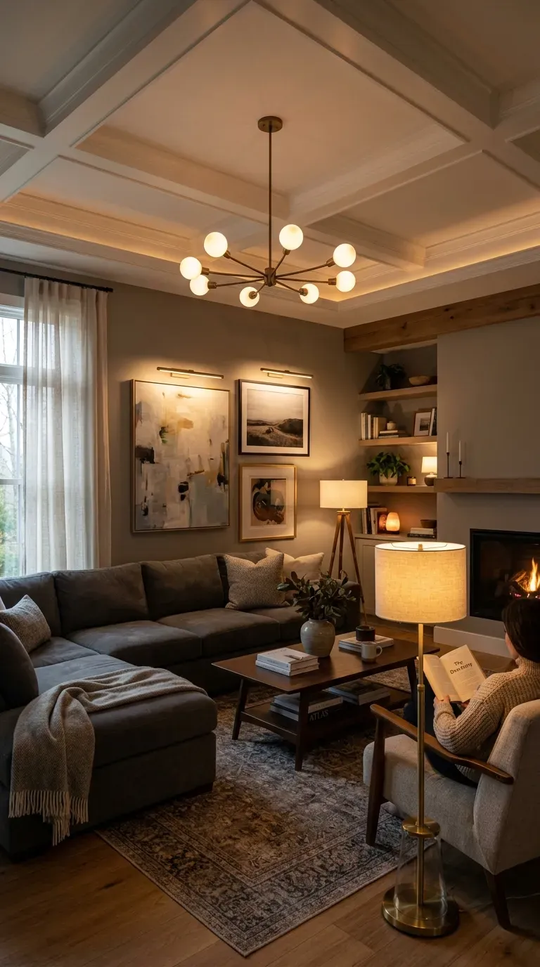 Well-lit living room with layered ambient, task, and accent lighting