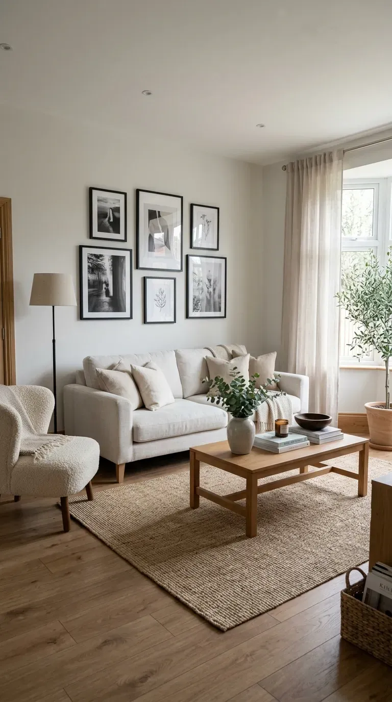 Neutral living room with black accents and layered textures