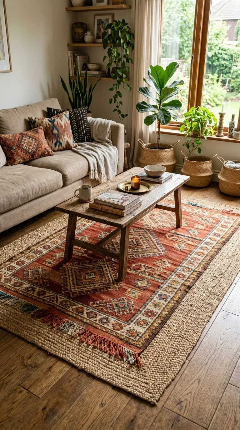 Boho living room with layered patterned rugs on the floor