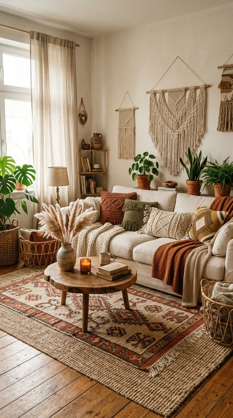 Cozy living room with layered textures including throws, pillows, and rugs