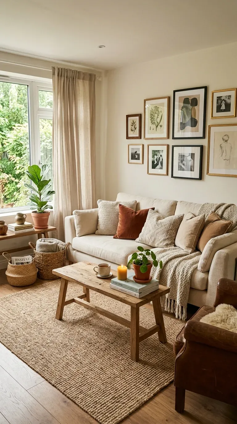 Warm neutral living room with layered textures and textiles