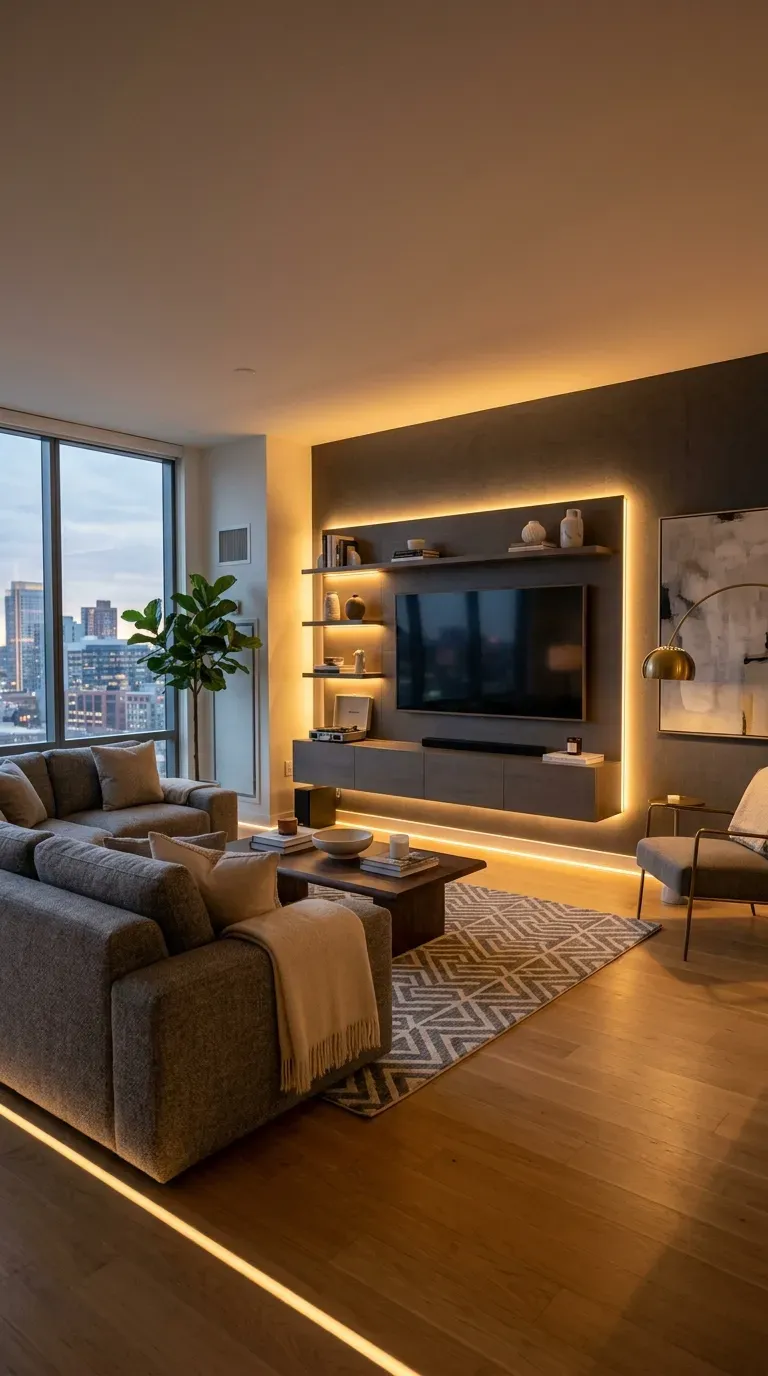Modern living room with LED strip lighting accents