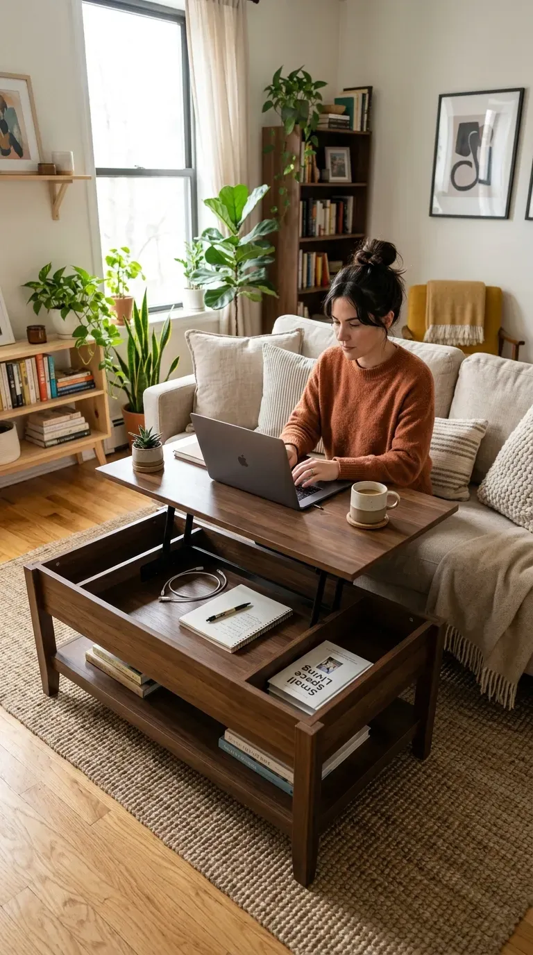 Small living room with lift-top coffee table revealing hidden storage