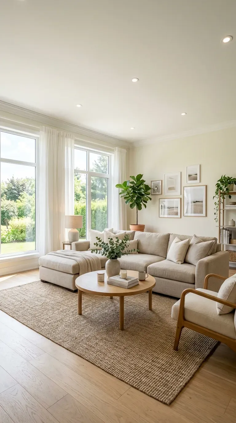 Bright living room with light-colored walls reflecting illumination