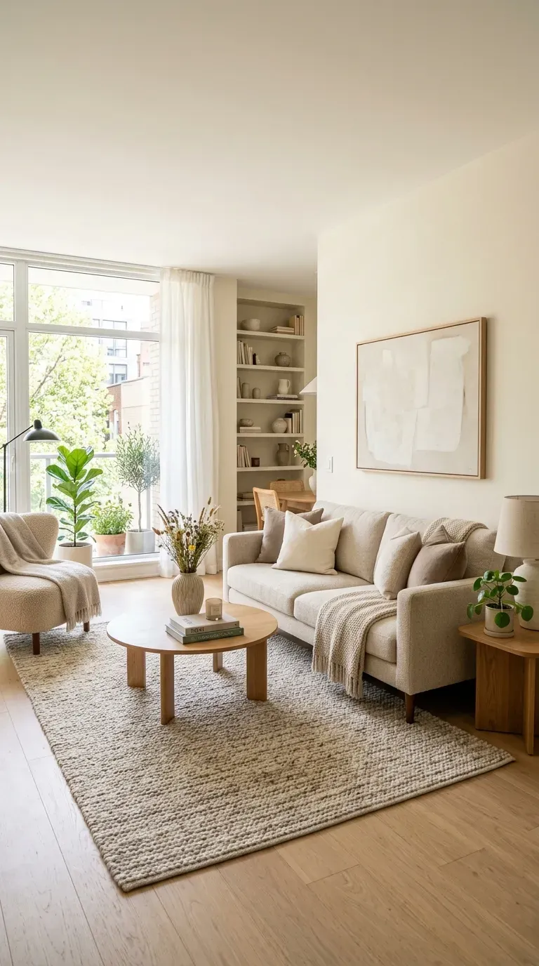 Small living room with light neutral color scheme creating airy feel