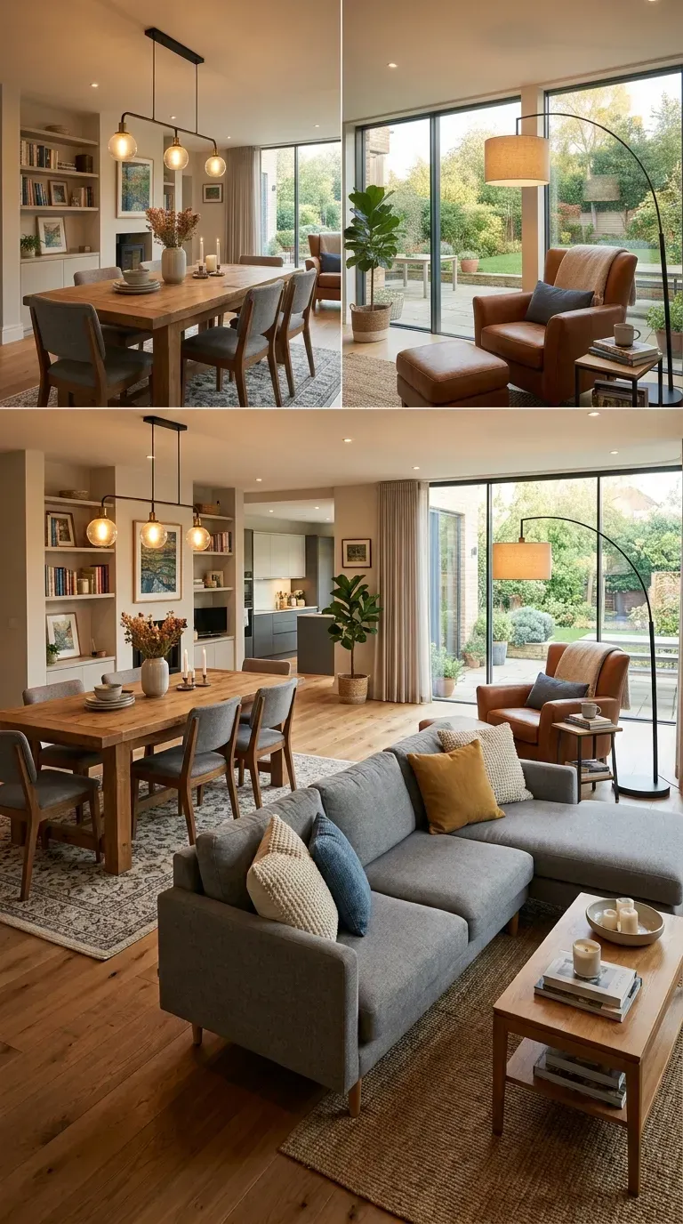 Open-plan living room with lighting creating distinct functional zones