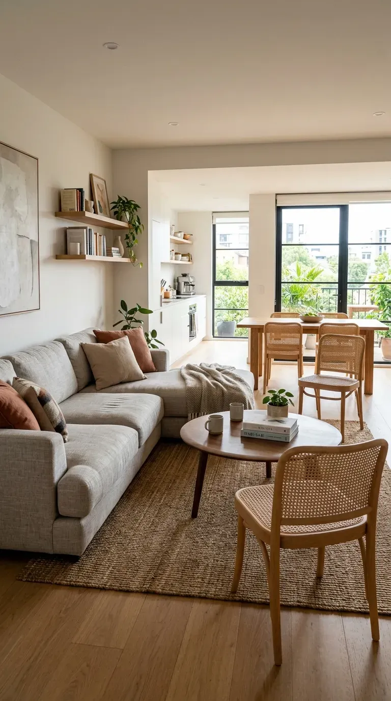 Open-concept room with lightweight chairs that can be moved between zones