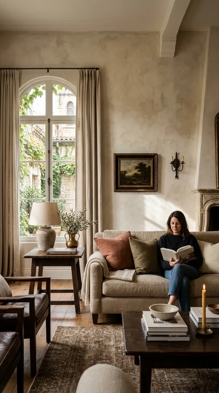 Elegant living room with limewash painted walls showing textured depth