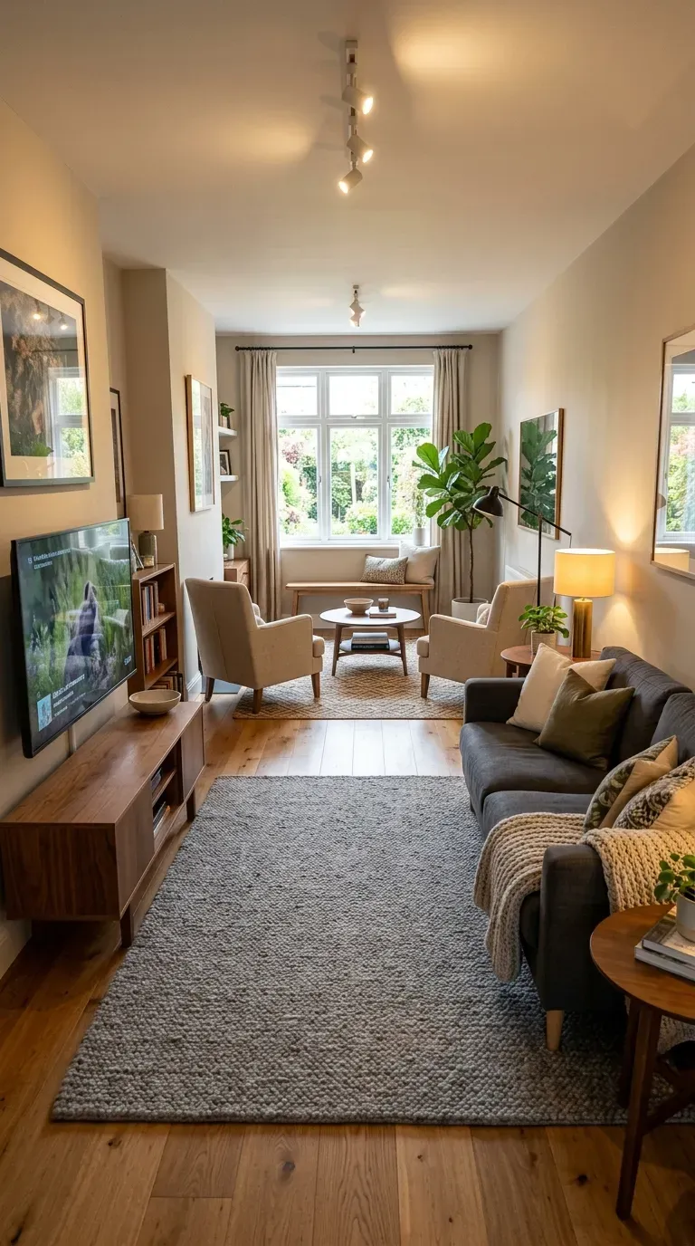 Long narrow living room divided into TV zone and conversation area with two rugs