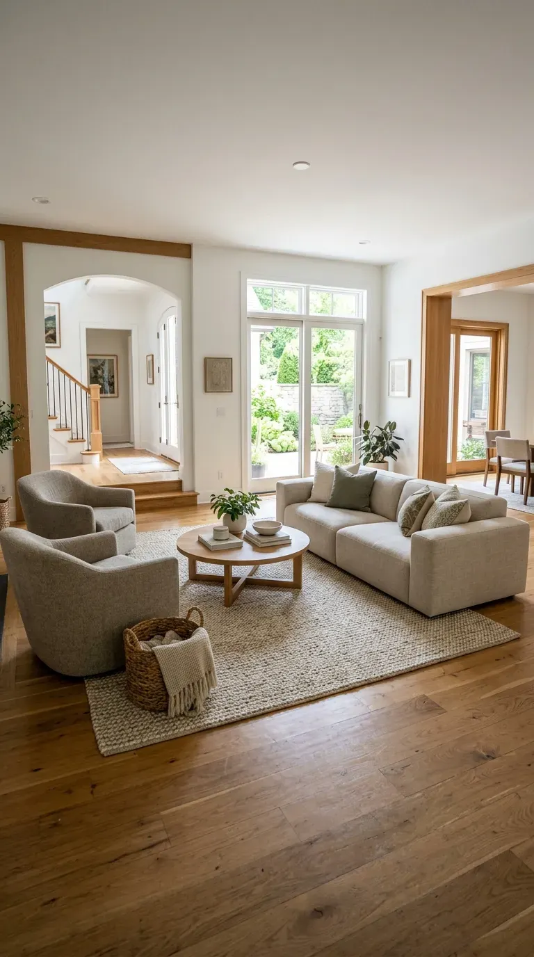 Low-profile living room furniture in room with multiple doorways