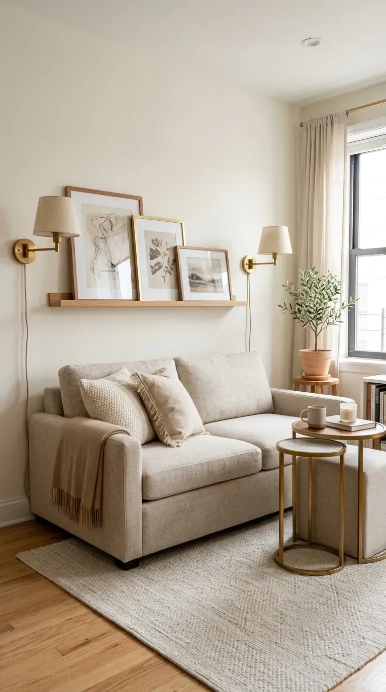 Small living room with low sofa and picture ledge