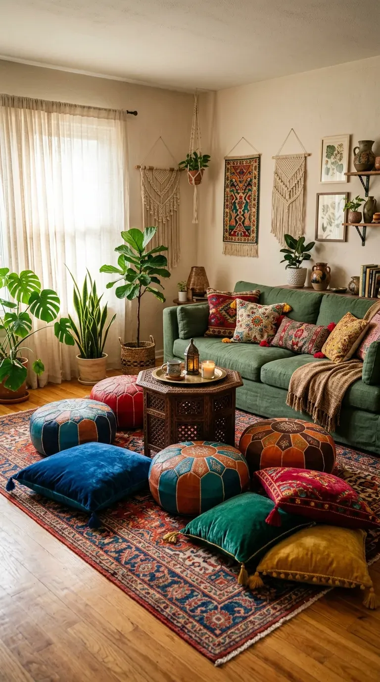 Boho living room with floor cushions and poufs around a low table