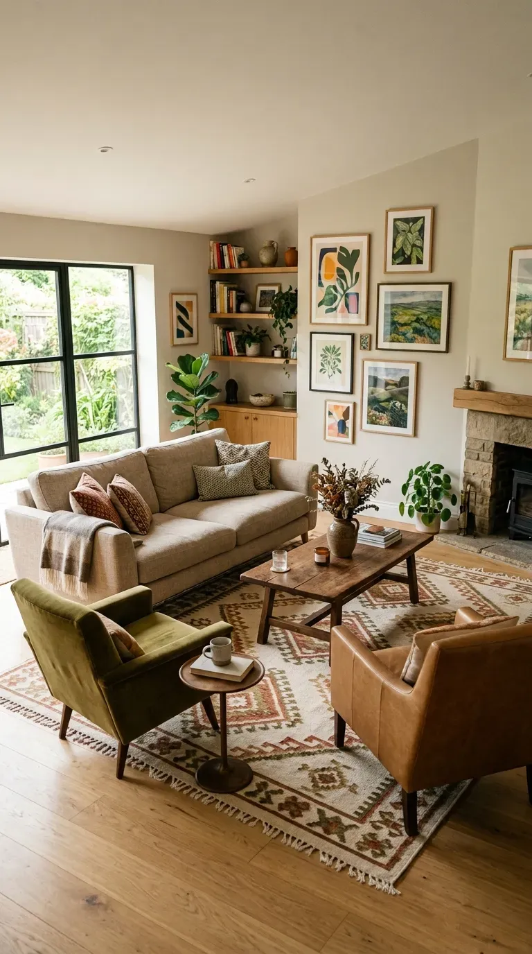 Low-profile furniture allowing views of corner fireplace