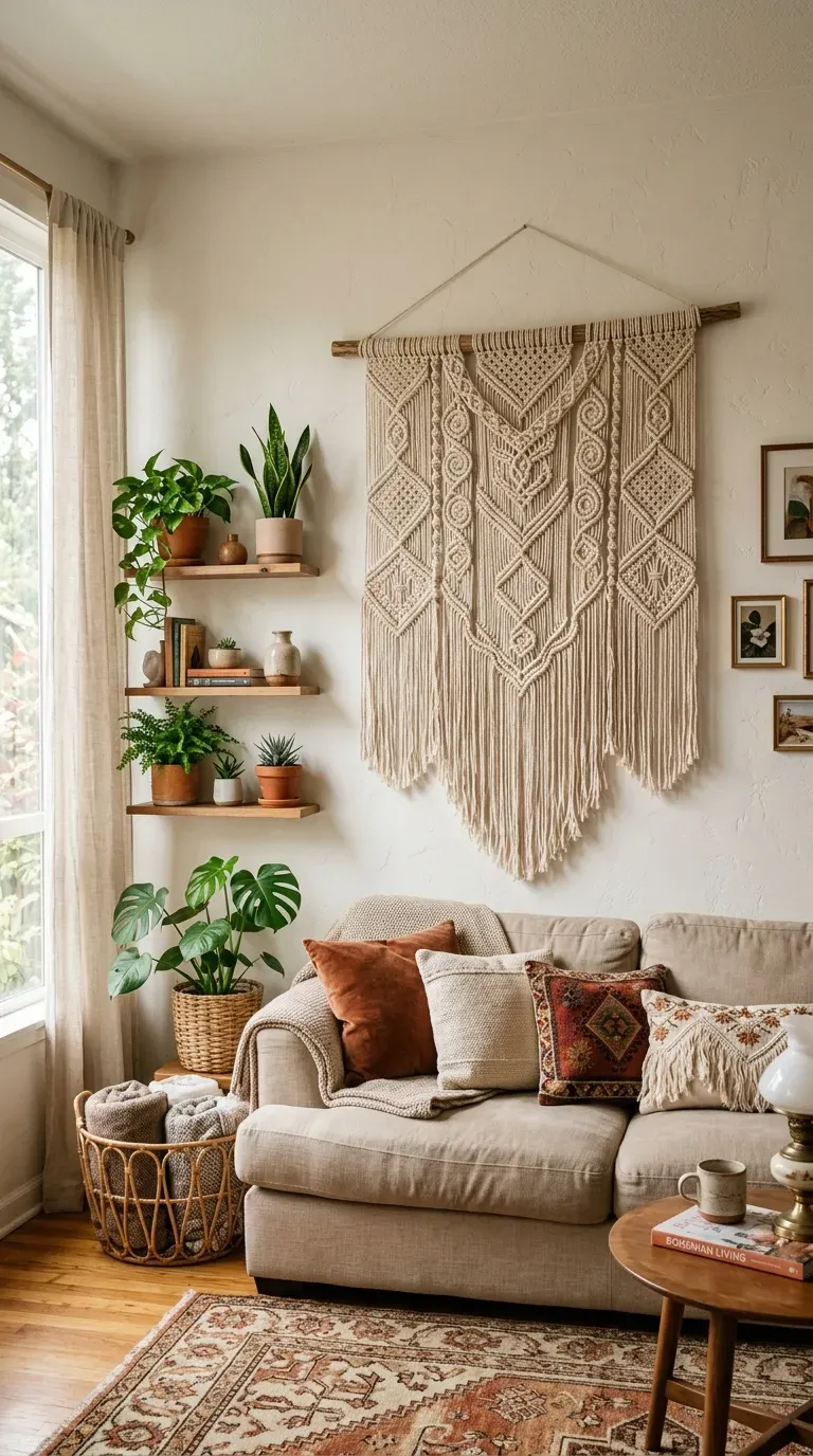 Boho living room with statement macramé wall hanging