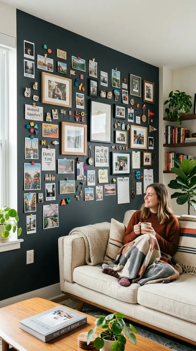 Living room with magnetic wall displaying photos and notes