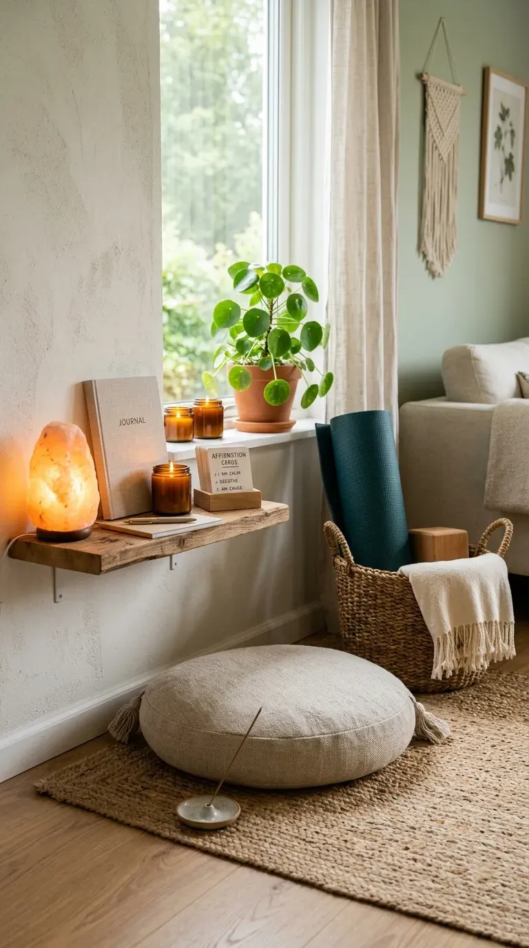 Peaceful meditation corner with cushion and calming elements