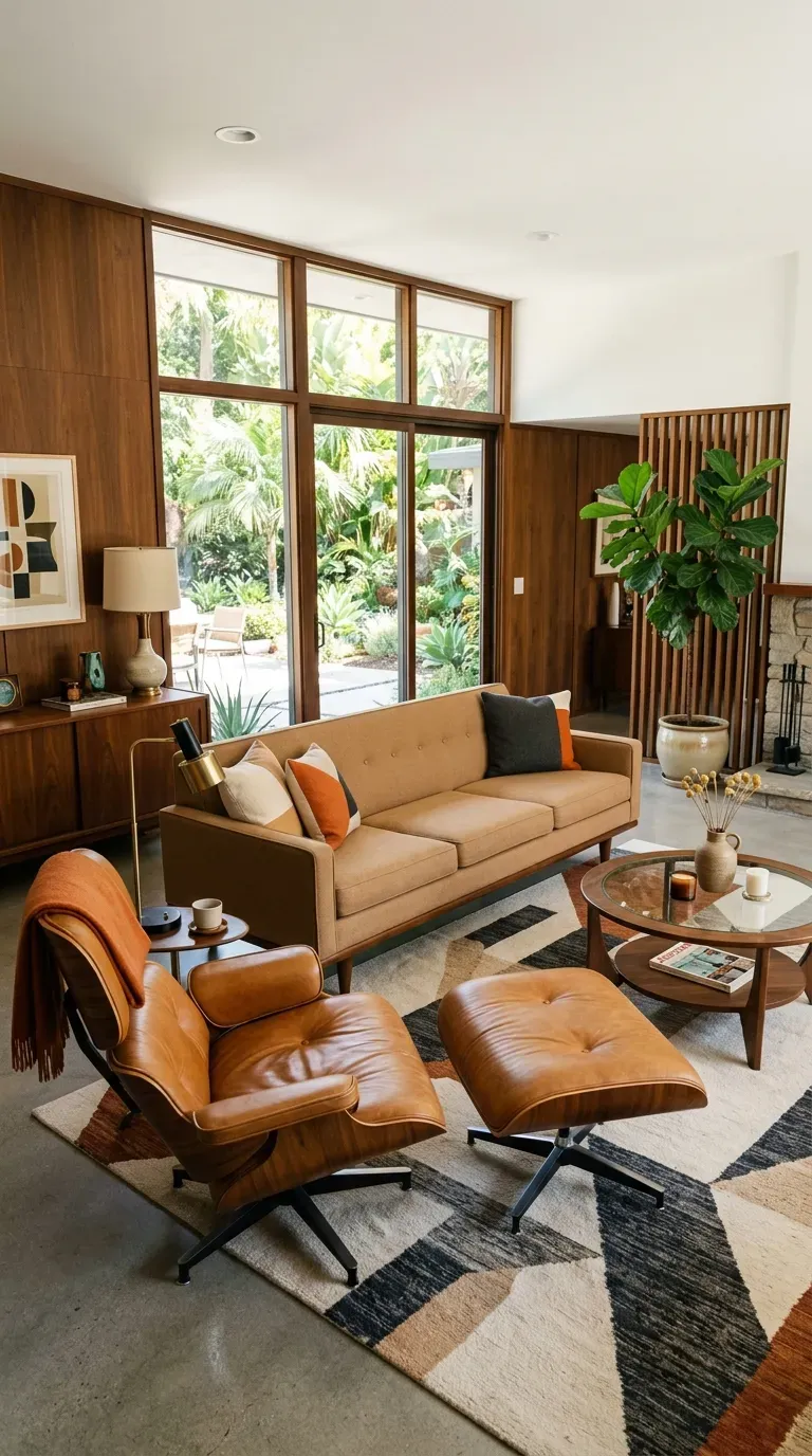 Mid-century modern living room with tapered legs and leather