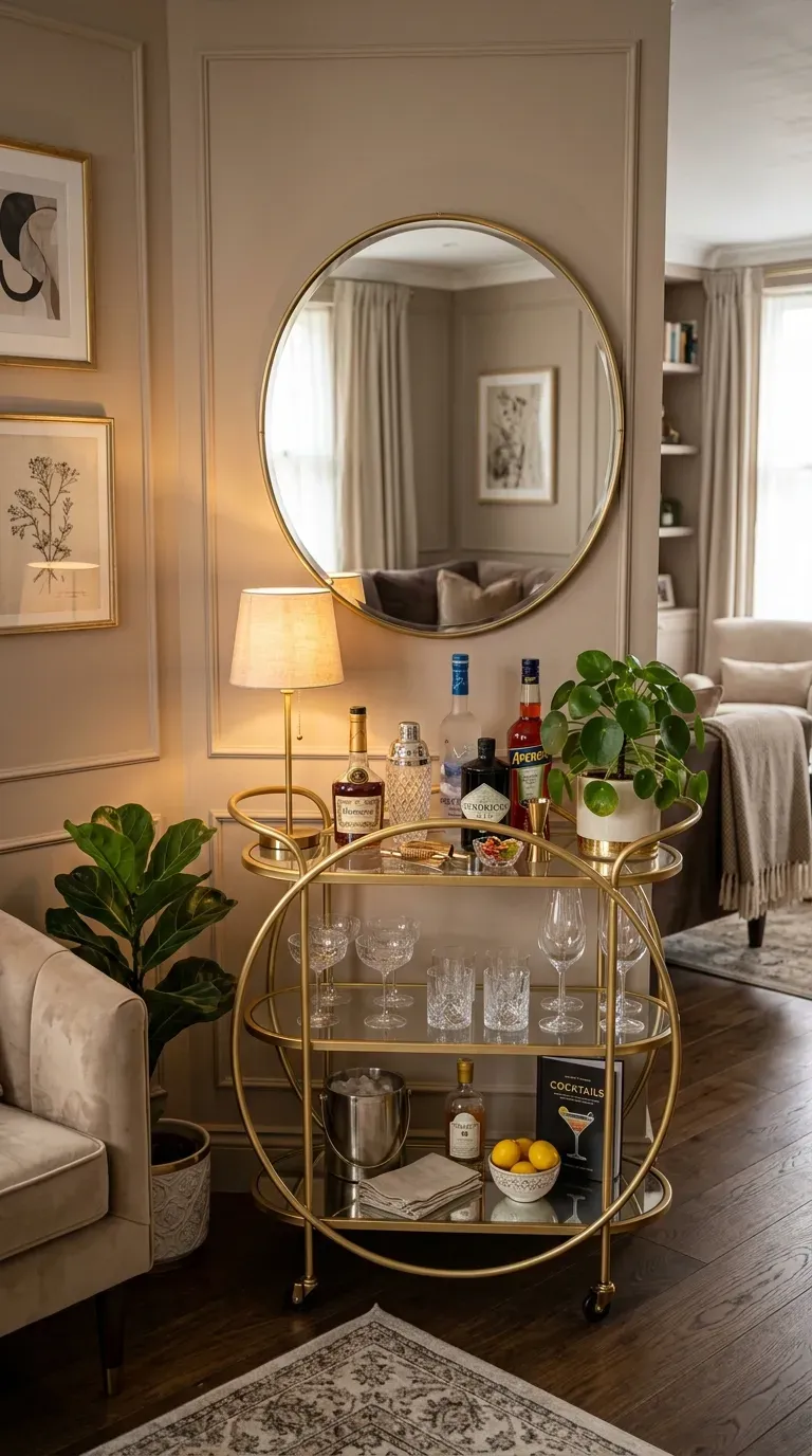 Stylish bar cart tucked into living room corner