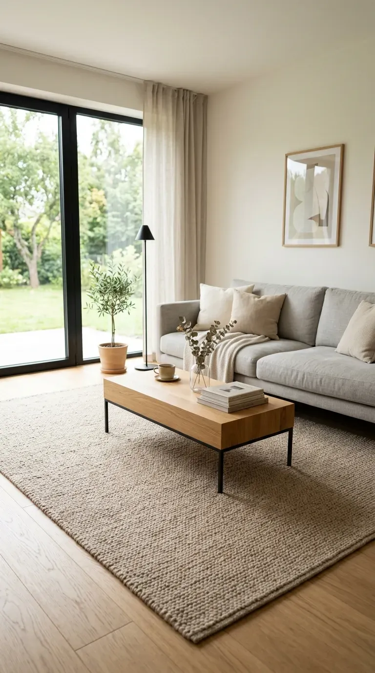 Minimalist living room with large mirror reflecting light