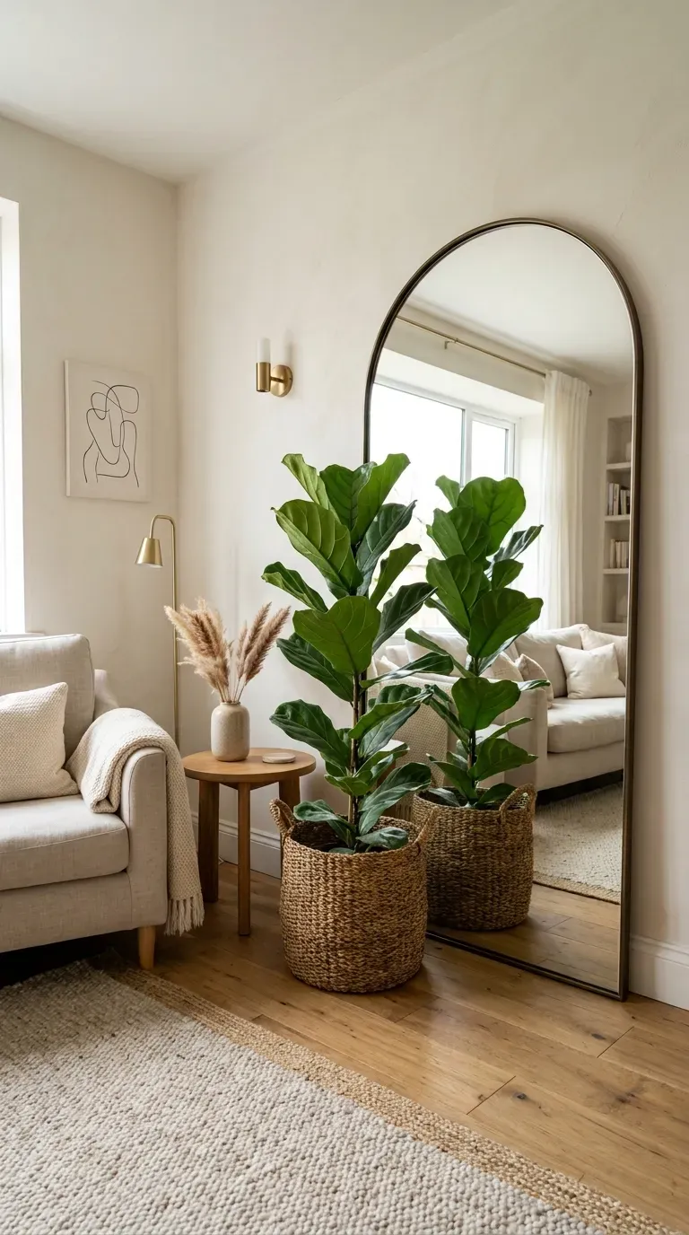 Tall mirror in corner reflecting light and space
