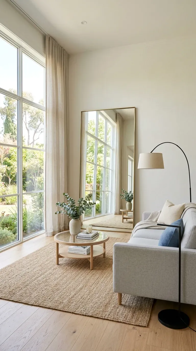 Living room with large mirror reflecting natural light from window