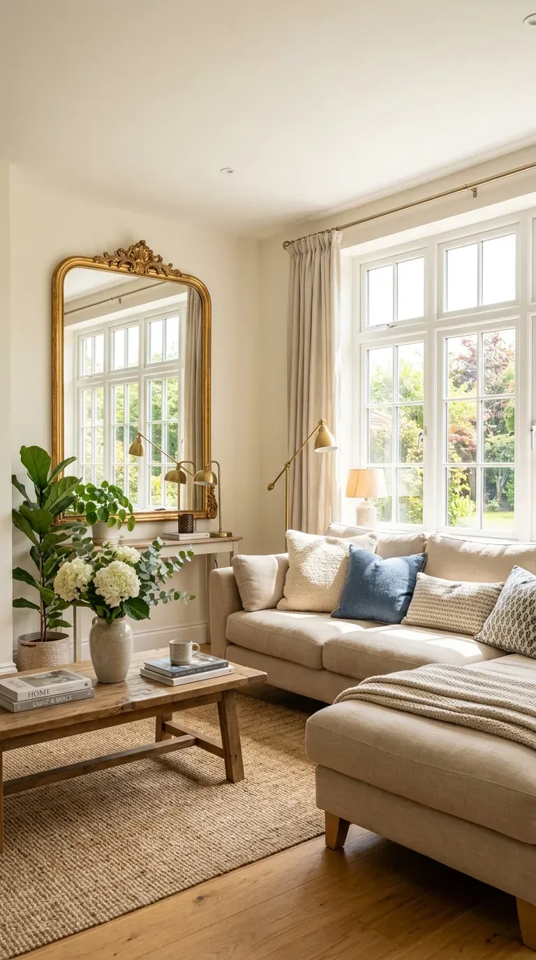 Living room with large mirror reflecting and doubling natural light