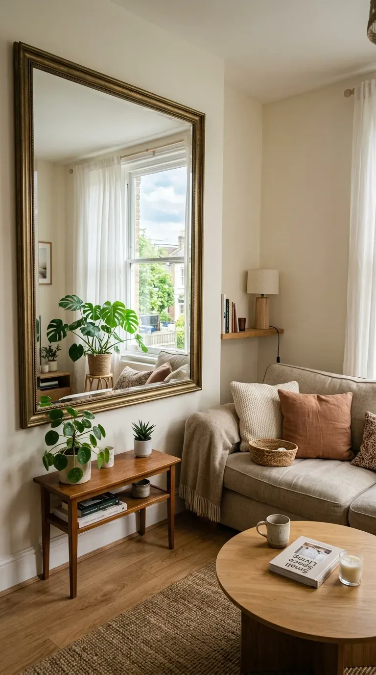 Small living room with large mirror reflecting light and space