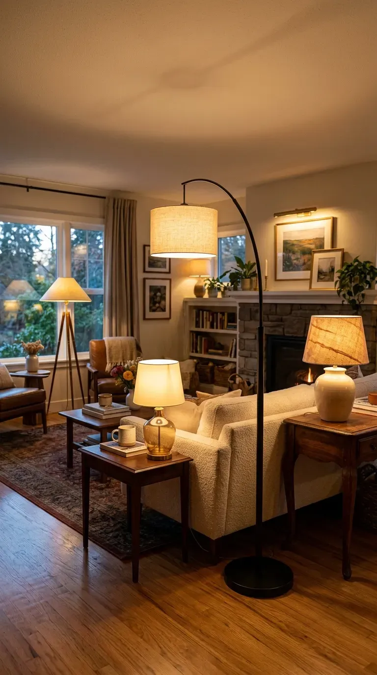 Living room with varied floor and table lamps creating balanced lighting