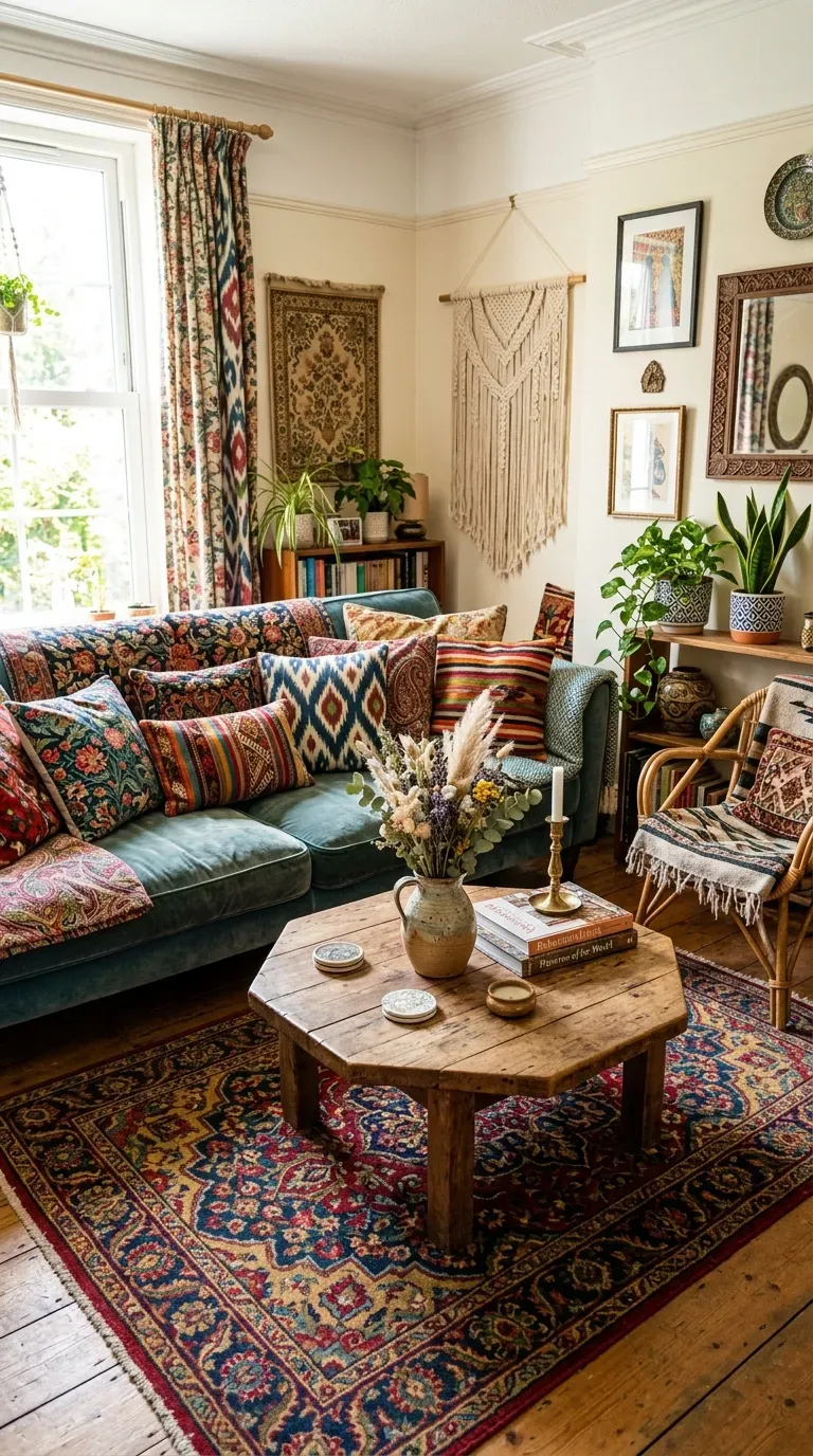 Eclectic boho living room with mixed patterns and prints