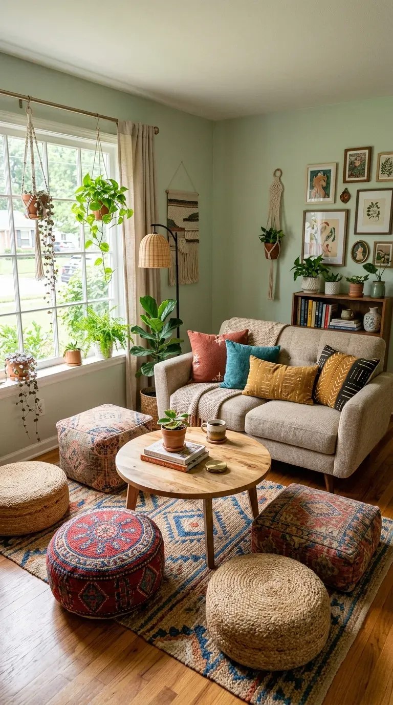 Small living room with sofa and versatile ottoman seating arrangement