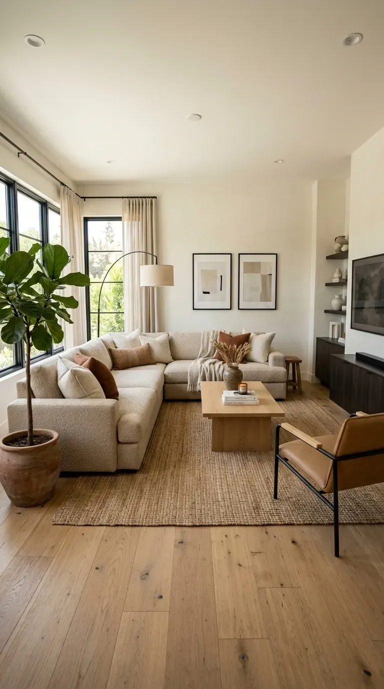 Modern living room with beige bouclé sofa and oak coffee table