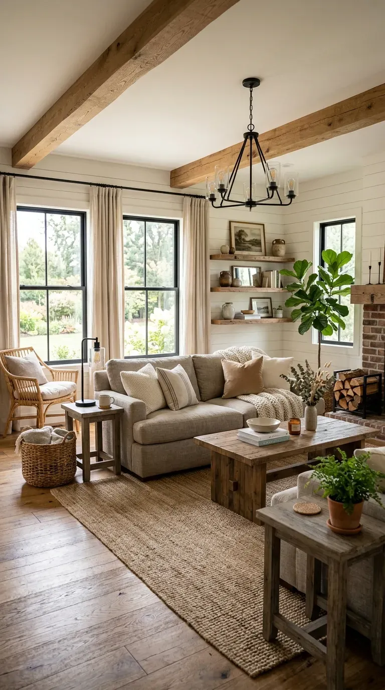 Farmhouse living room with reclaimed wood and plush linen sofa