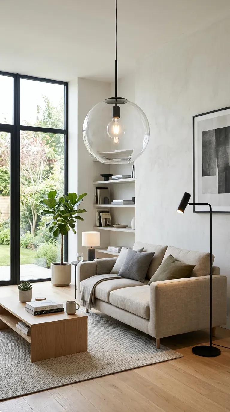 Minimalist living room with sleek contemporary lighting fixtures