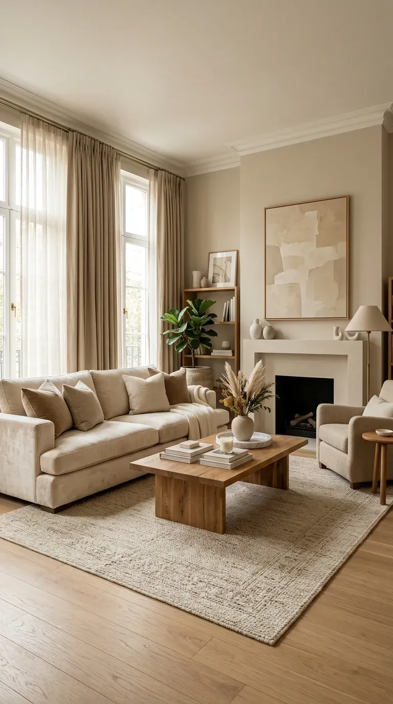 Living room in monochromatic neutral tones creating seamless visual flow