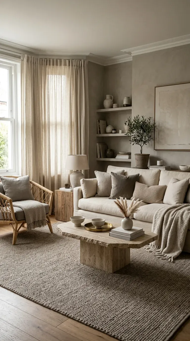 Layered neutral living room with varied textures and tones