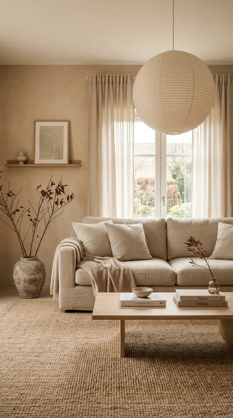 Monochrome sand living room with plinth coffee table