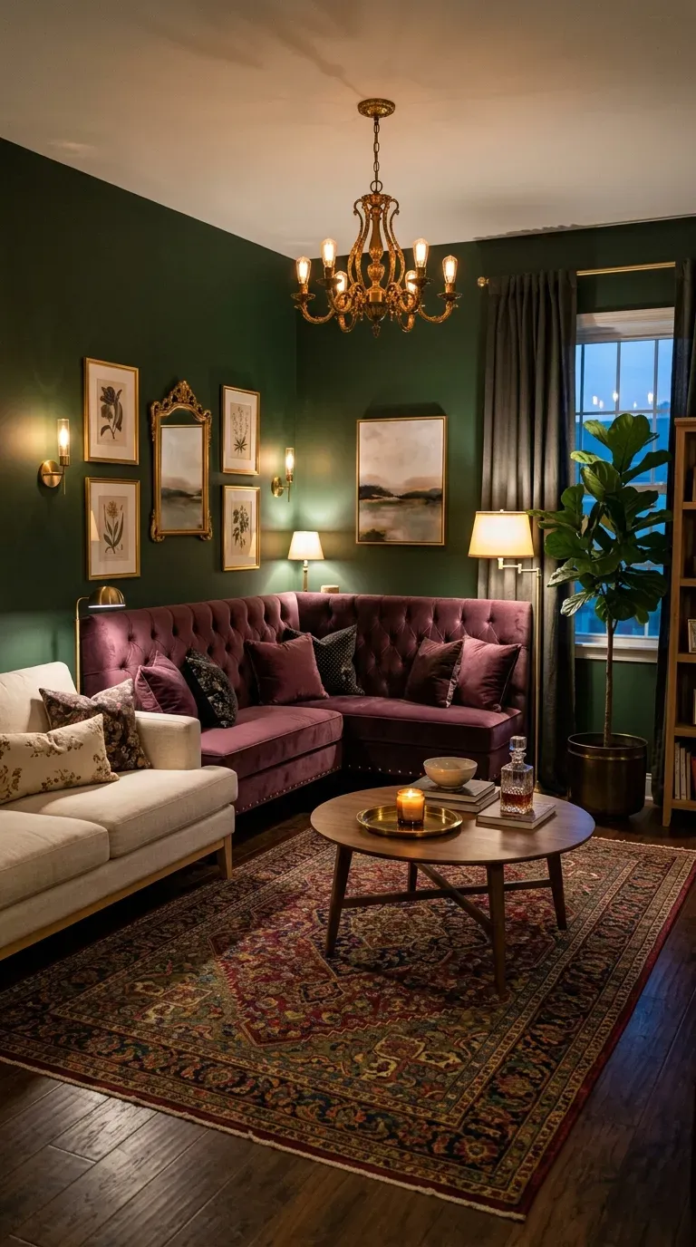 Flexible mossy green living room with jewel-toned accents