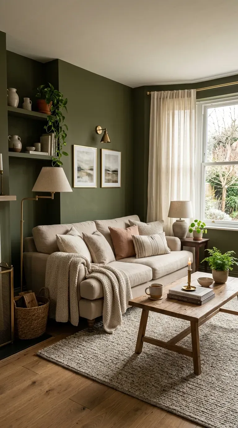 Cozy living room with muddy green walls and warm brass accents
