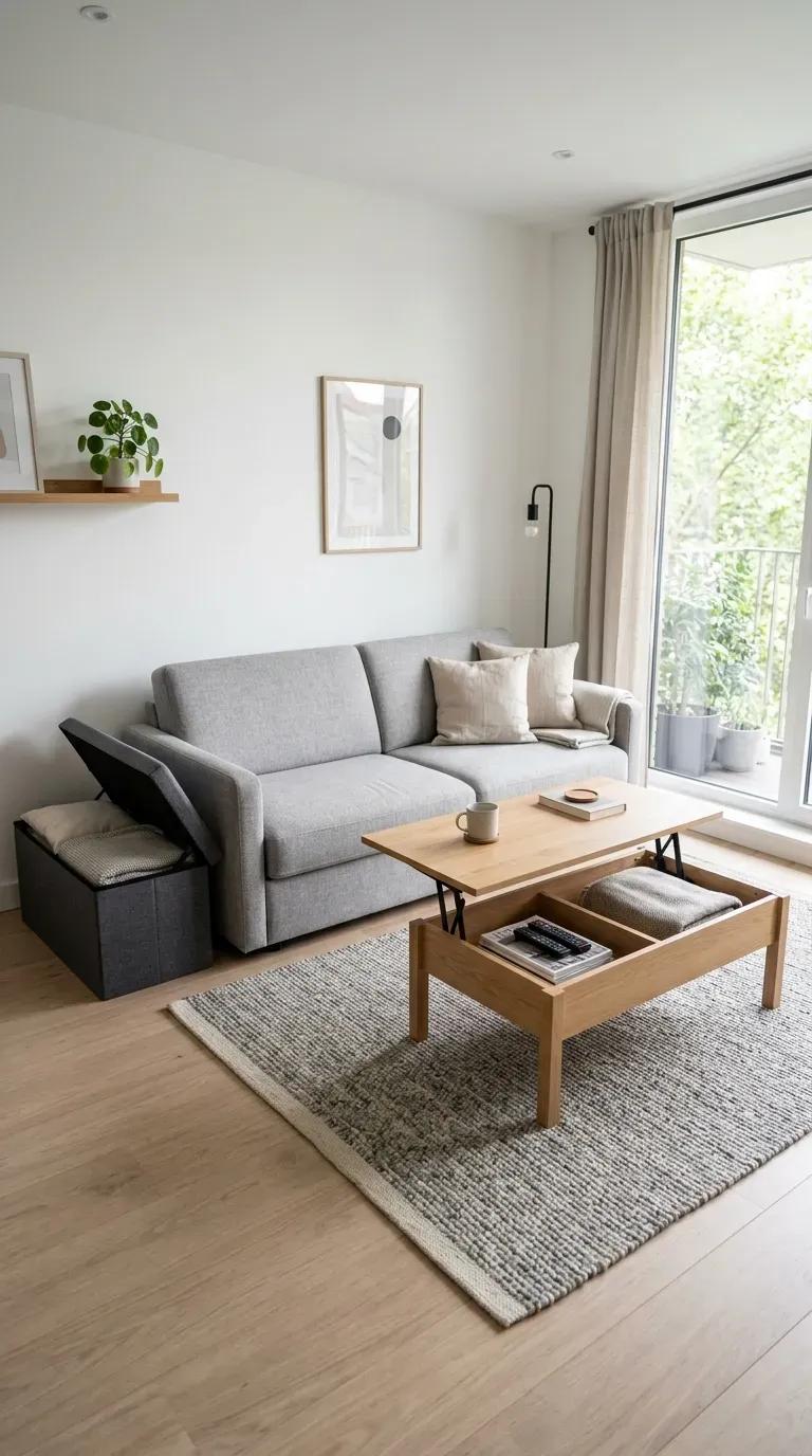Minimalist living room with smart multifunctional furniture
